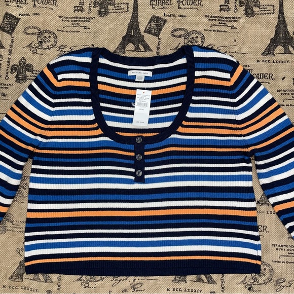 American Eagle NWT! Colorful Striped Long Sleeve Stretch Crop Top Size XL - Picture 9 of 14